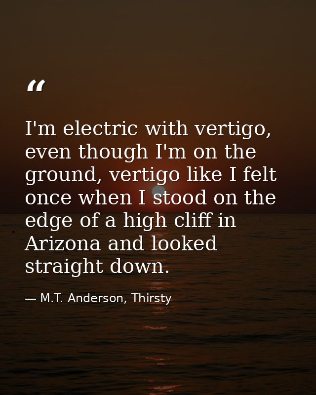 I'm electric with vertigo, even though I'm on the ground, vertigo like I felt once when I stood on the edge of a high cl — M.T. Anderson, Thirsty