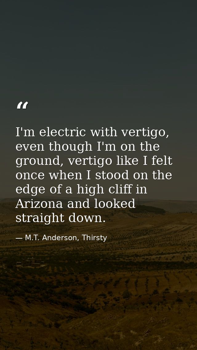 I'm electric with vertigo, even though I'm on the ground, vertigo like I felt once when I stood on the edge of a high cl — M.T. Anderson, Thirsty