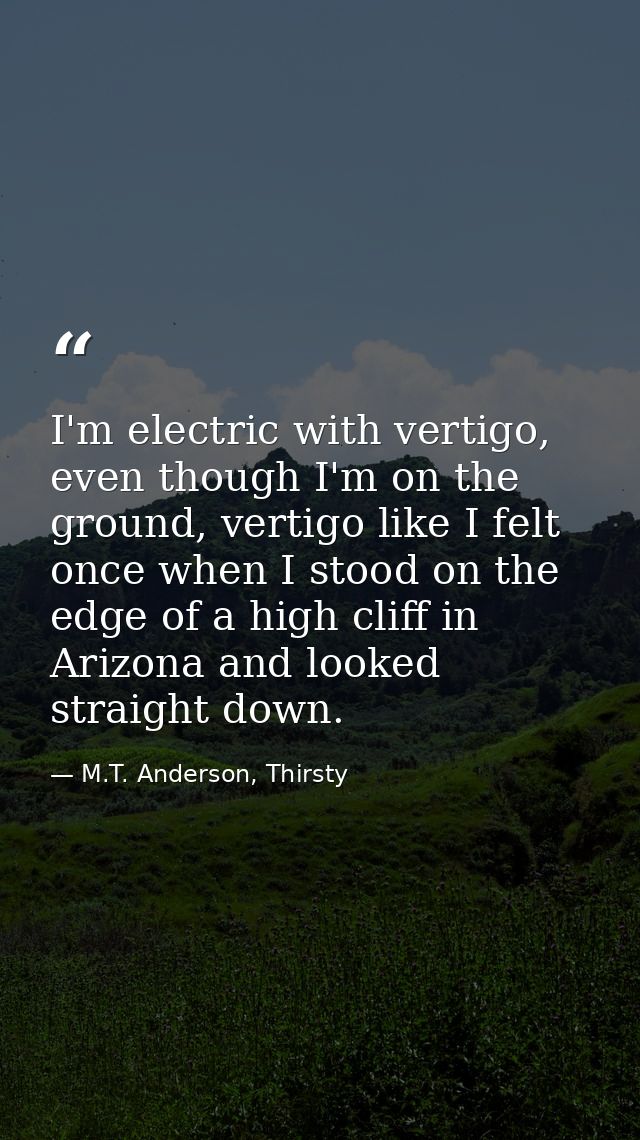 I'm electric with vertigo, even though I'm on the ground, vertigo like I felt once when I stood on the edge of a high cl — M.T. Anderson, Thirsty