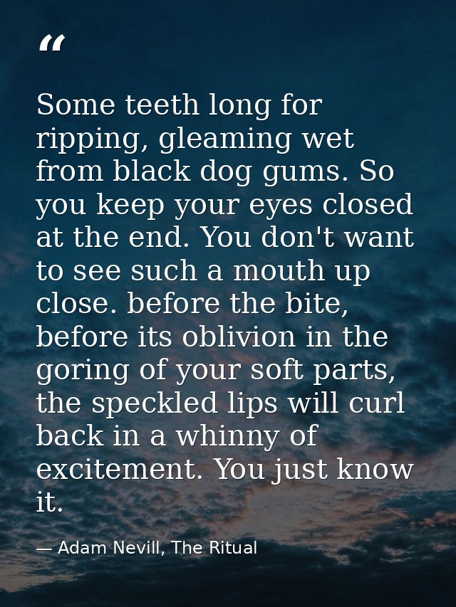 Some teeth long for ripping, gleaming wet from black dog gums. So you keep your eyes closed at the end. You don't want t — Adam Nevill, The Ritual
