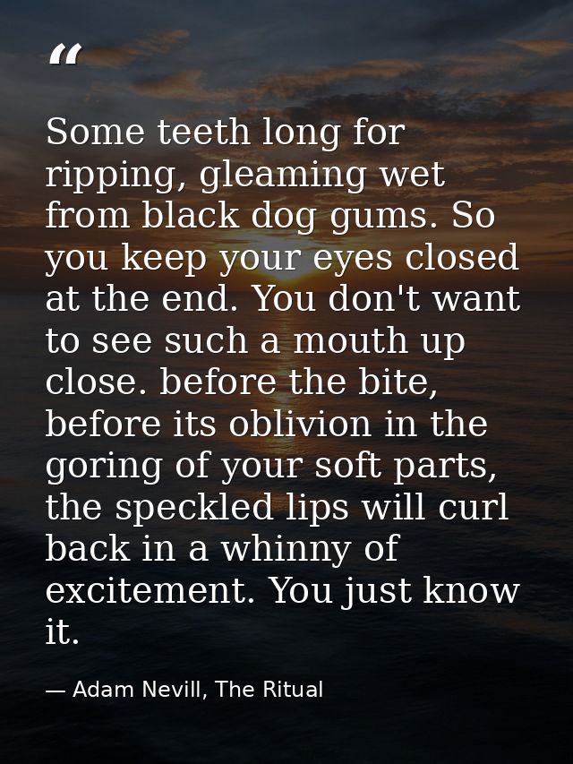 Some teeth long for ripping, gleaming wet from black dog gums. So you keep your eyes closed at the end. You don't want t — Adam Nevill, The Ritual