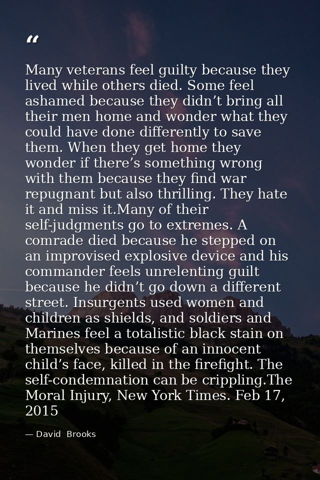 Many veterans feel guilty because they lived while others died. Some feel ashamed because they didn’t bring all their me — David  Brooks