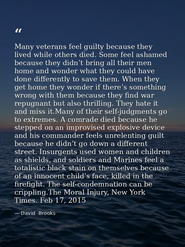 Many veterans feel guilty because they lived while others died. Some feel ashamed because they didn’t bring all their me — David  Brooks