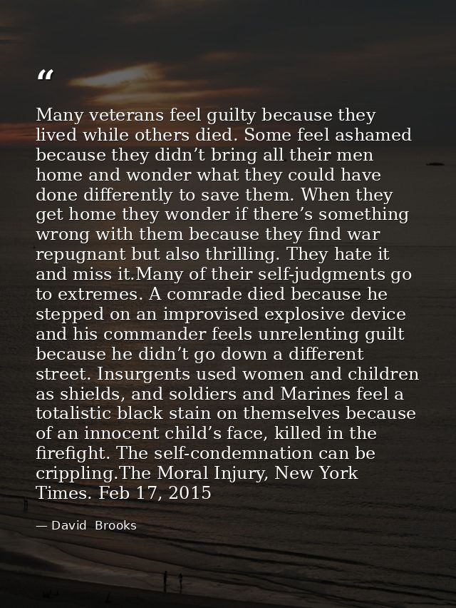Many veterans feel guilty because they lived while others died. Some feel ashamed because they didn’t bring all their me — David  Brooks