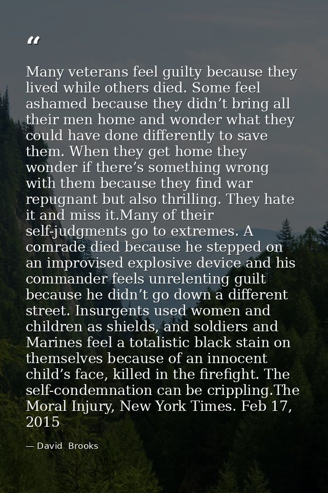 Many veterans feel guilty because they lived while others died. Some feel ashamed because they didn’t bring all their me — David  Brooks