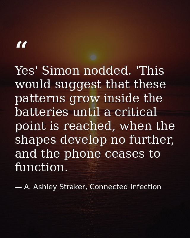 Yes' Simon nodded. 'This would suggest that these patterns grow inside the batteries until a critical point is reached,  — A. Ashley Straker, Connected Infection