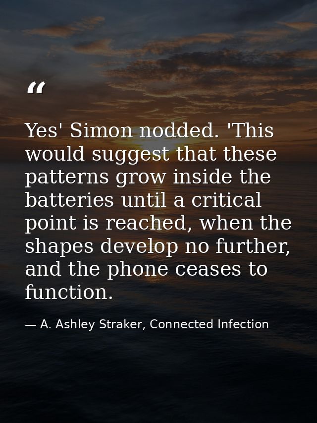 Yes' Simon nodded. 'This would suggest that these patterns grow inside the batteries until a critical point is reached,  — A. Ashley Straker, Connected Infection