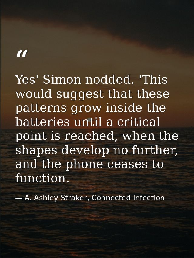 Yes' Simon nodded. 'This would suggest that these patterns grow inside the batteries until a critical point is reached,  — A. Ashley Straker, Connected Infection