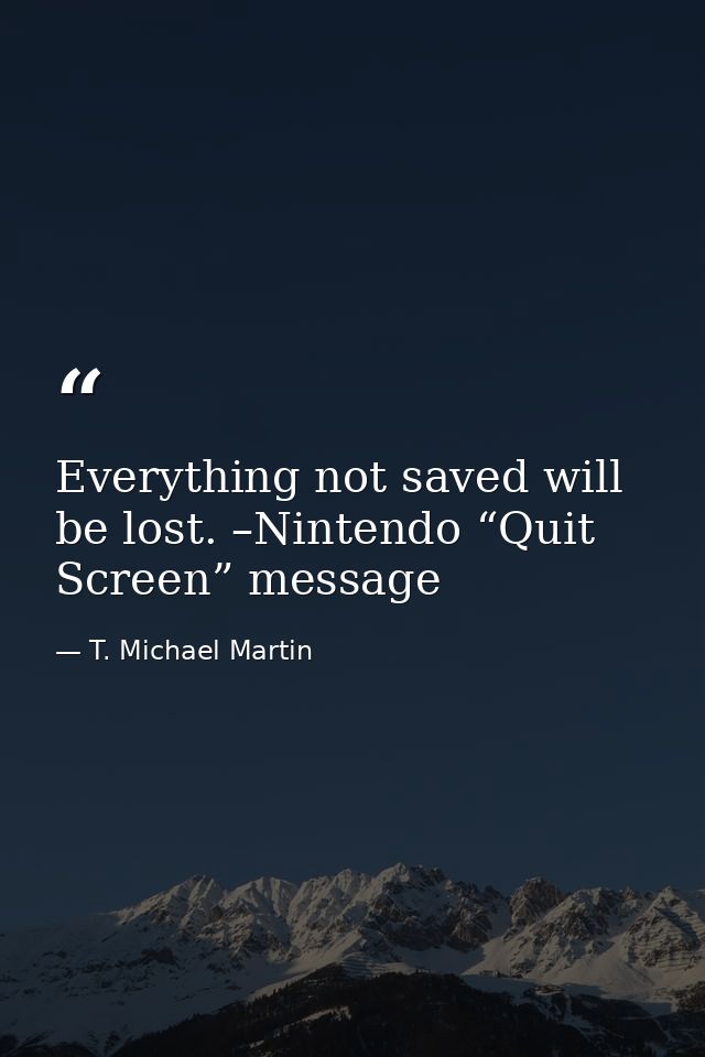 Everything not saved will be lost. –Nintendo “Quit Screen” message — T. Michael Martin