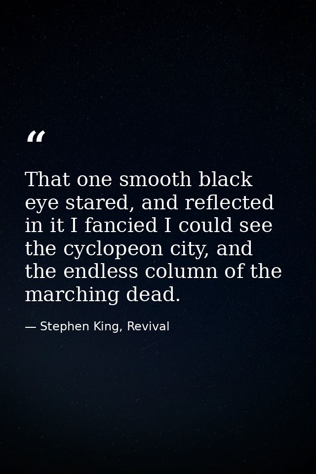 That one smooth black eye stared, and reflected in it I fancied I could see the cyclopeon city, and the endless column o — Stephen King, Revival