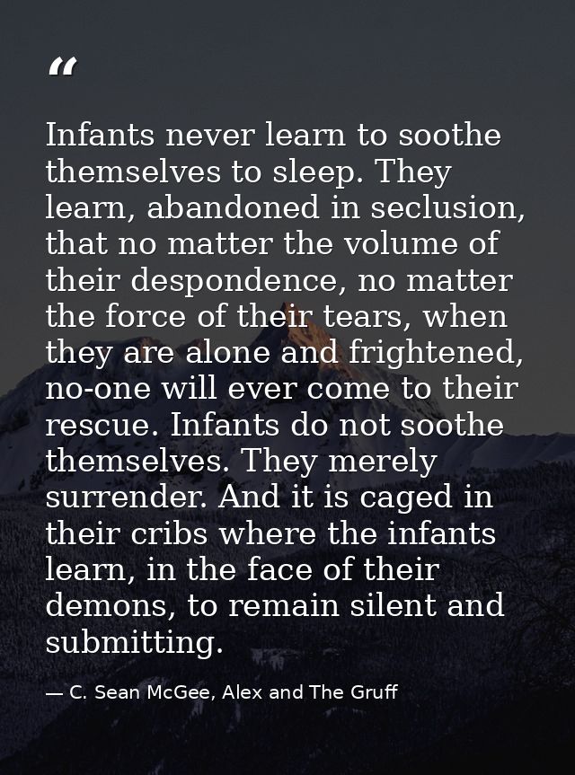 Infants never learn to soothe themselves to sleep. They learn, abandoned in seclusion, that no matter the volume of thei — C. Sean McGee, Alex and The Gruff