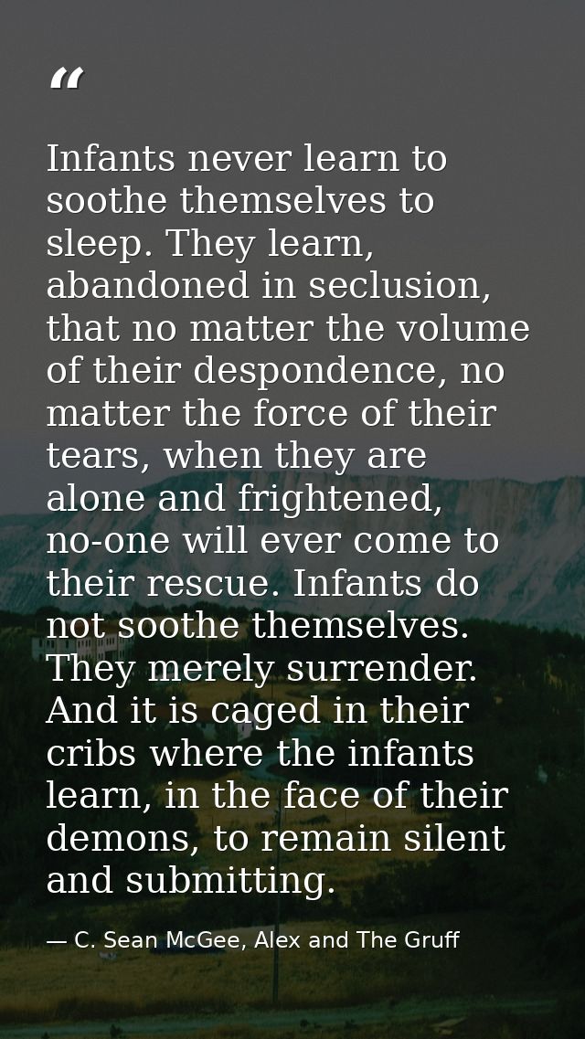 Infants never learn to soothe themselves to sleep. They learn, abandoned in seclusion, that no matter the volume of thei — C. Sean McGee, Alex and The Gruff