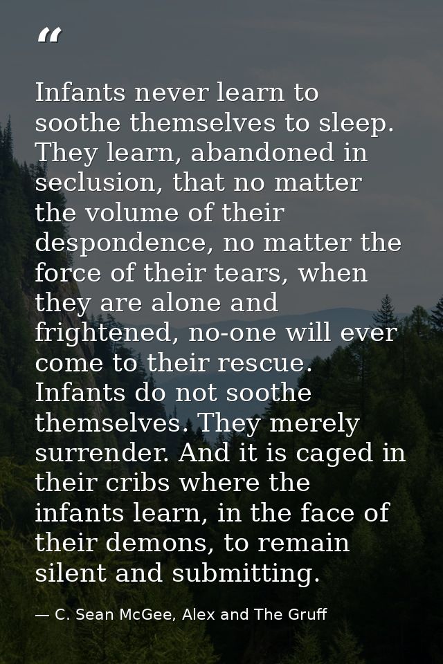 Infants never learn to soothe themselves to sleep. They learn, abandoned in seclusion, that no matter the volume of thei — C. Sean McGee, Alex and The Gruff