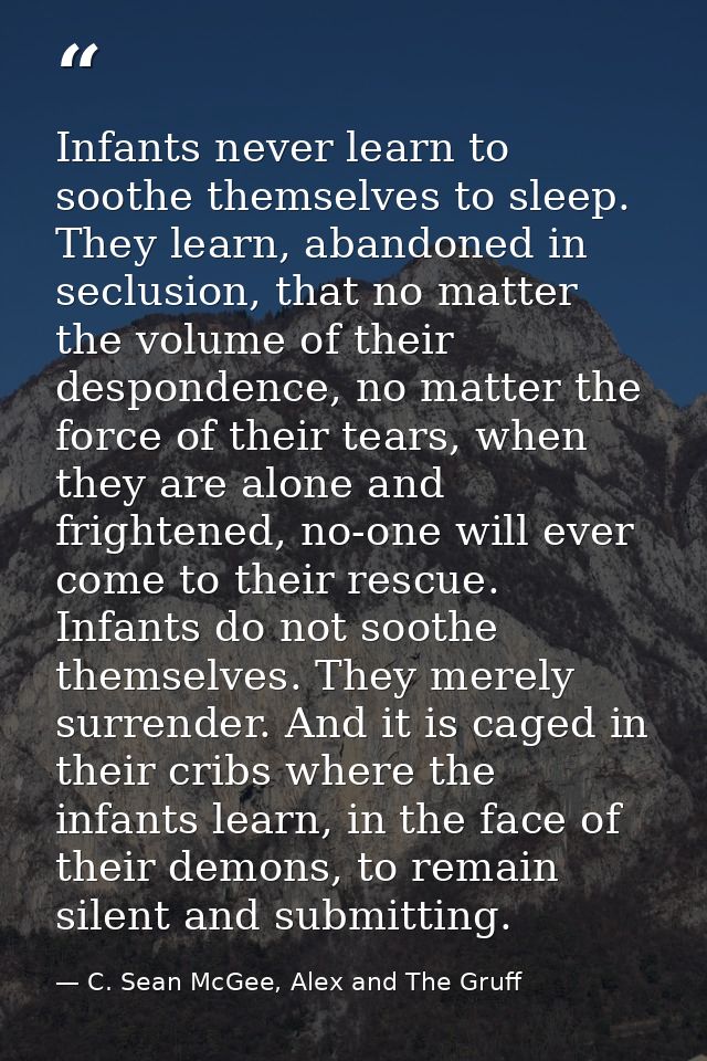 Infants never learn to soothe themselves to sleep. They learn, abandoned in seclusion, that no matter the volume of thei — C. Sean McGee, Alex and The Gruff