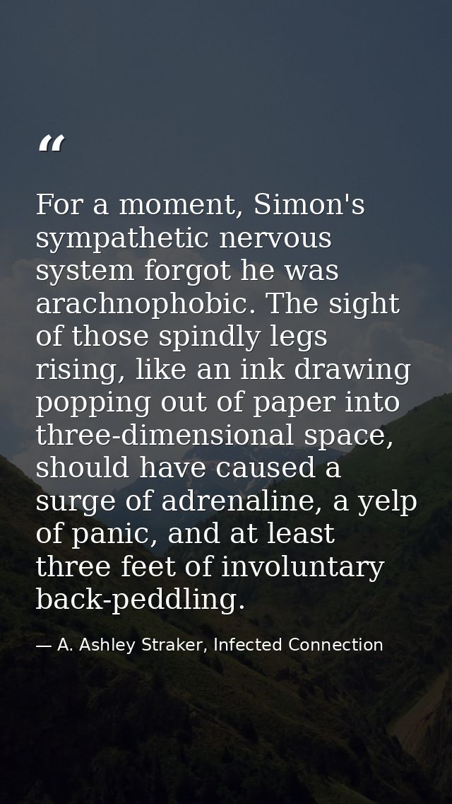 For a moment, Simon's sympathetic nervous system forgot he was arachnophobic. The sight of those spindly legs rising, li — A. Ashley Straker, Infected Connection