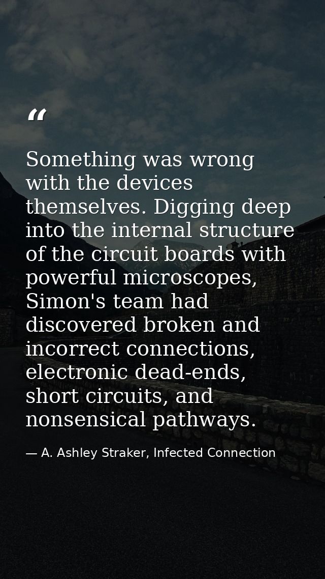 Something was wrong with the devices themselves. Digging deep into the internal structure of the circuit boards with pow — A. Ashley Straker, Infected Connection