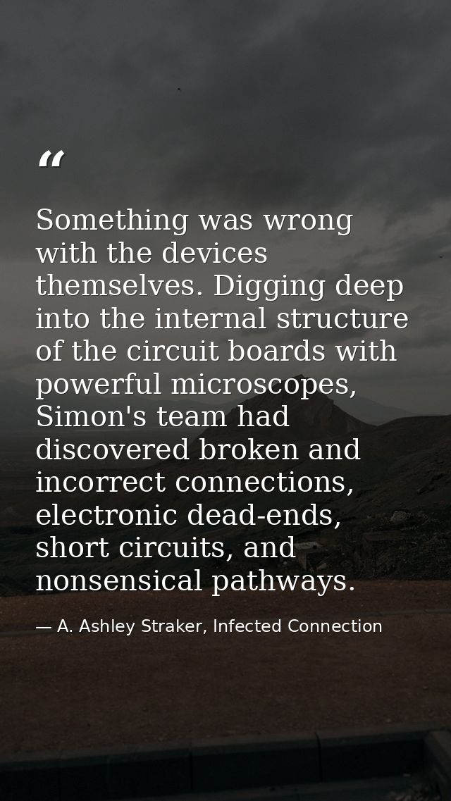 Something was wrong with the devices themselves. Digging deep into the internal structure of the circuit boards with pow — A. Ashley Straker, Infected Connection
