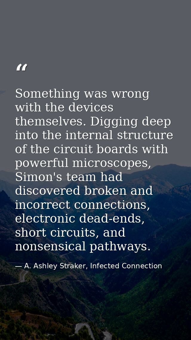 Something was wrong with the devices themselves. Digging deep into the internal structure of the circuit boards with pow — A. Ashley Straker, Infected Connection