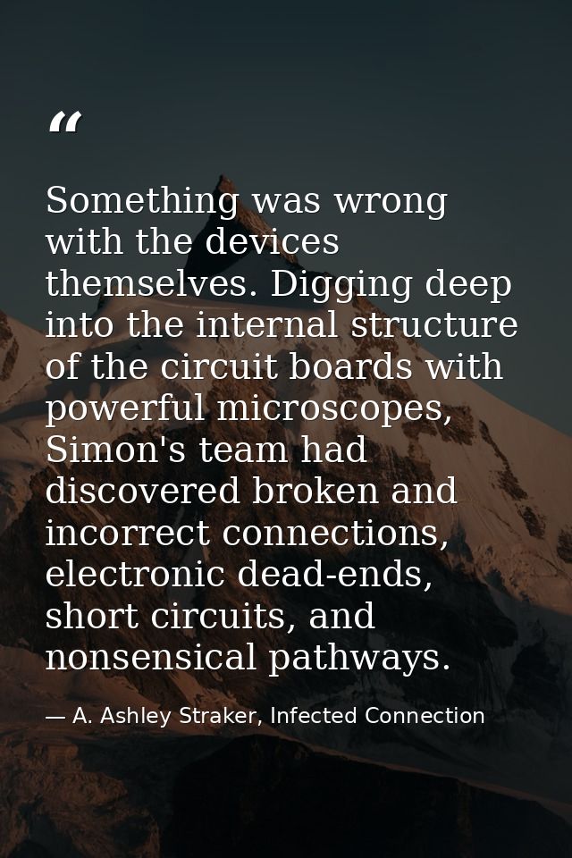 Something was wrong with the devices themselves. Digging deep into the internal structure of the circuit boards with pow — A. Ashley Straker, Infected Connection