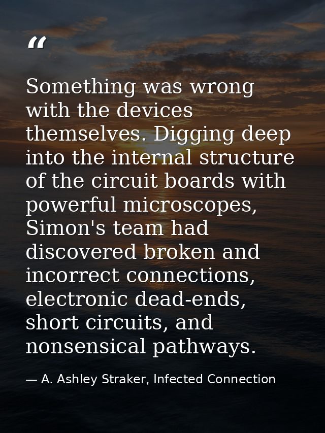 Something was wrong with the devices themselves. Digging deep into the internal structure of the circuit boards with pow — A. Ashley Straker, Infected Connection