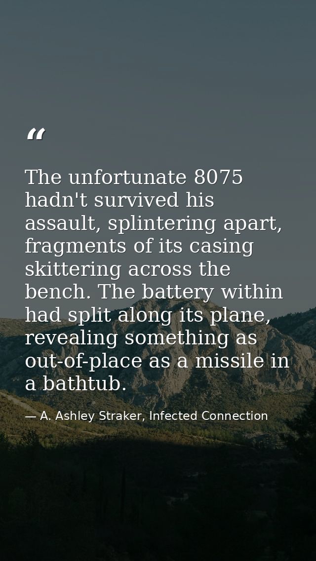 The unfortunate 8075 hadn't survived his assault, splintering apart, fragments of its casing skittering across the bench — A. Ashley Straker, Infected Connection