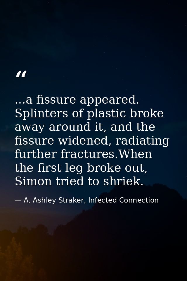 ...a fissure appeared. Splinters of plastic broke away around it, and the fissure widened, radiating further fractures.W — A. Ashley Straker, Infected Connection