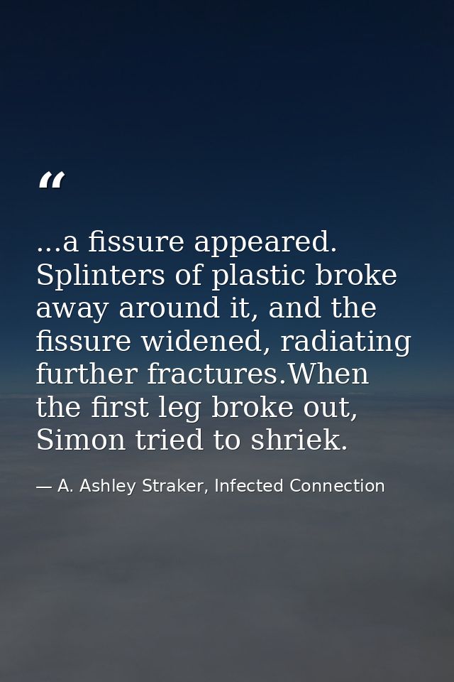 ...a fissure appeared. Splinters of plastic broke away around it, and the fissure widened, radiating further fractures.W — A. Ashley Straker, Infected Connection
