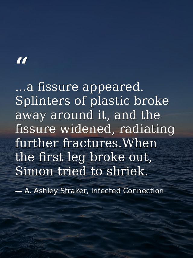 ...a fissure appeared. Splinters of plastic broke away around it, and the fissure widened, radiating further fractures.W — A. Ashley Straker, Infected Connection