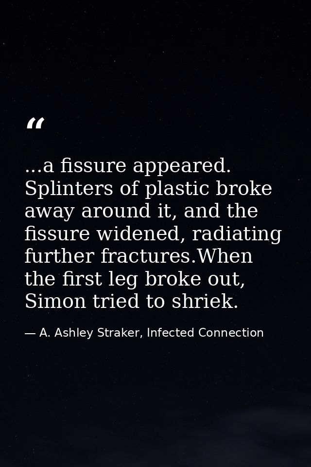 ...a fissure appeared. Splinters of plastic broke away around it, and the fissure widened, radiating further fractures.W — A. Ashley Straker, Infected Connection