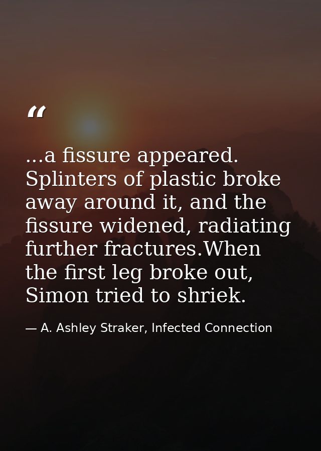 ...a fissure appeared. Splinters of plastic broke away around it, and the fissure widened, radiating further fractures.W — A. Ashley Straker, Infected Connection