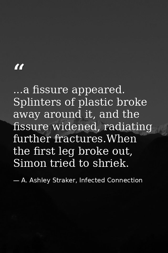 ...a fissure appeared. Splinters of plastic broke away around it, and the fissure widened, radiating further fractures.W — A. Ashley Straker, Infected Connection