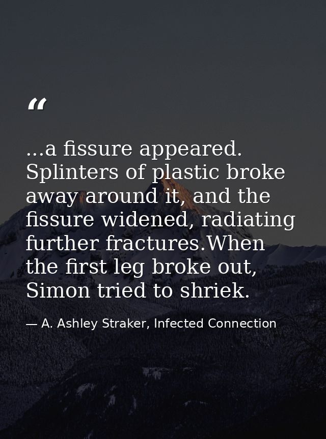 ...a fissure appeared. Splinters of plastic broke away around it, and the fissure widened, radiating further fractures.W — A. Ashley Straker, Infected Connection