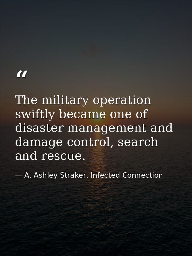 The military operation swiftly became one of disaster management and damage control, search and rescue. — A. Ashley Straker, Infected Connection