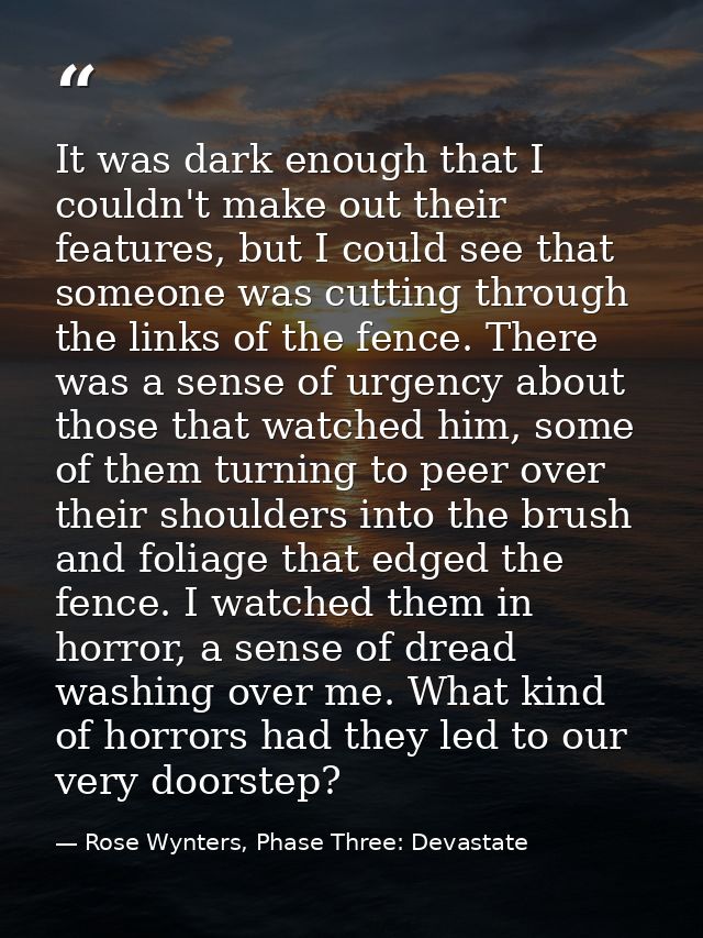 It was dark enough that I couldn't make out their features, but I could see that someone was cutting through the links o — Rose Wynters, Phase Three: Devastate
