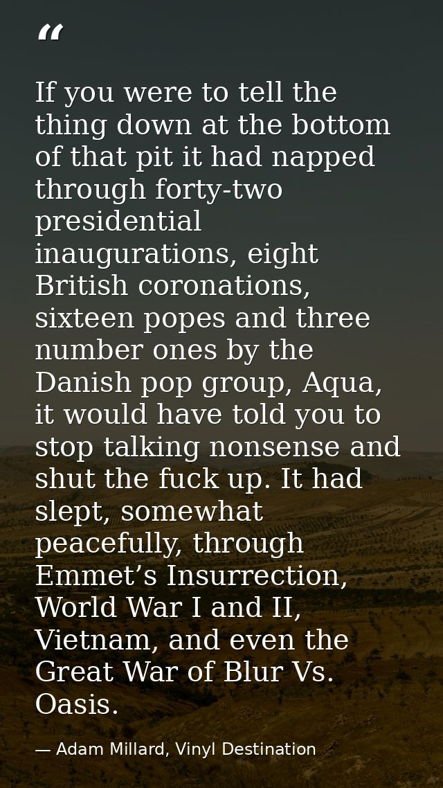 If you were to tell the thing down at the bottom of that pit it had napped through forty-two presidential inaugurations, — Adam Millard, Vinyl Destination