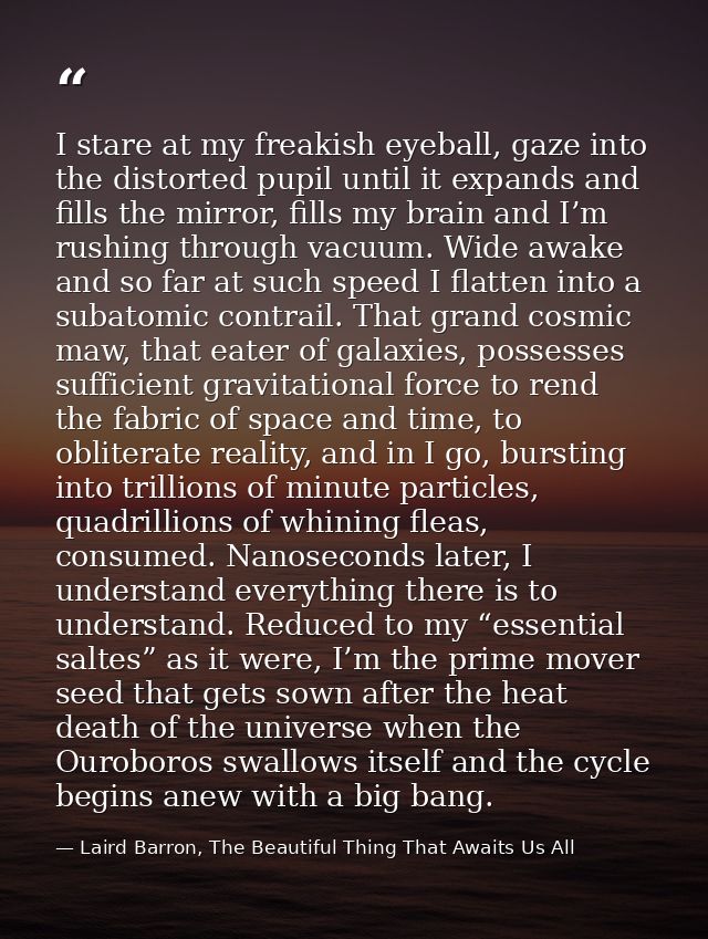 I stare at my freakish eyeball, gaze into the distorted pupil until it expands and fills the mirror, fills my brain and  — Laird Barron, The Beautiful Thing That Awaits Us All