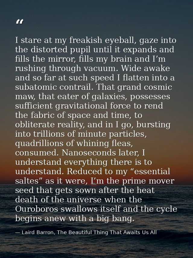 I stare at my freakish eyeball, gaze into the distorted pupil until it expands and fills the mirror, fills my brain and  — Laird Barron, The Beautiful Thing That Awaits Us All