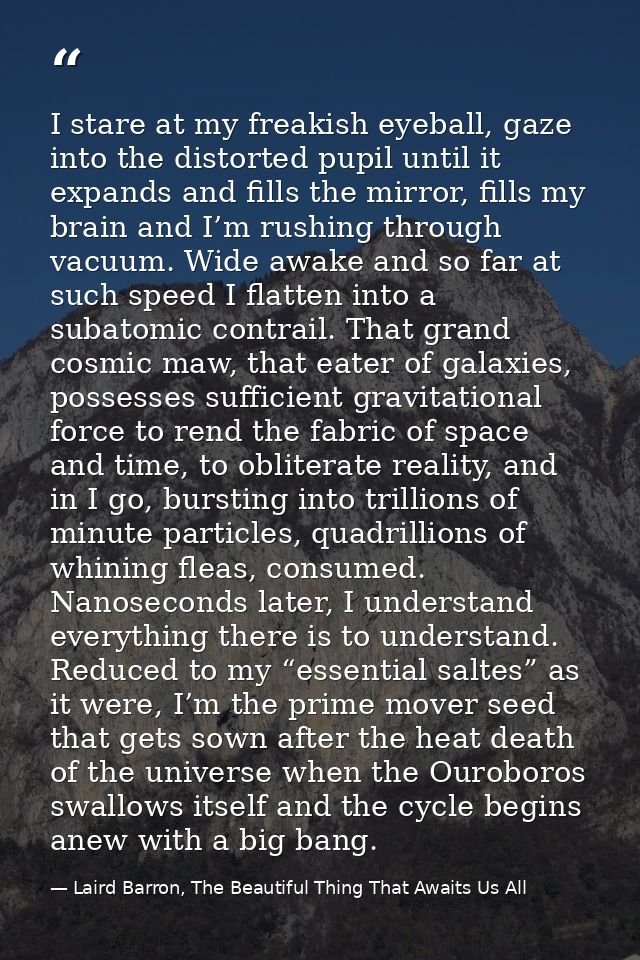 I stare at my freakish eyeball, gaze into the distorted pupil until it expands and fills the mirror, fills my brain and  — Laird Barron, The Beautiful Thing That Awaits Us All