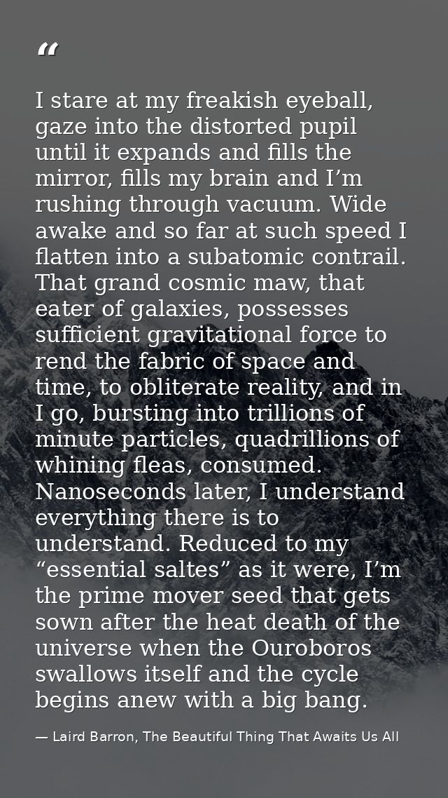 I stare at my freakish eyeball, gaze into the distorted pupil until it expands and fills the mirror, fills my brain and  — Laird Barron, The Beautiful Thing That Awaits Us All