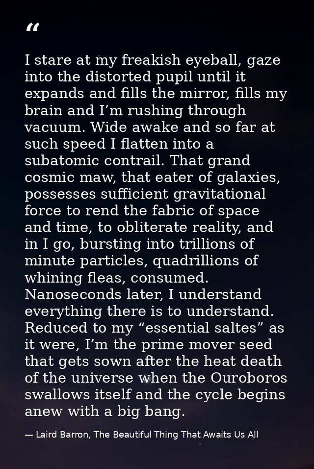 I stare at my freakish eyeball, gaze into the distorted pupil until it expands and fills the mirror, fills my brain and  — Laird Barron, The Beautiful Thing That Awaits Us All