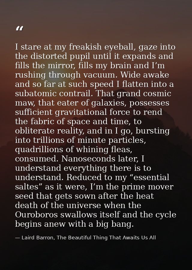 I stare at my freakish eyeball, gaze into the distorted pupil until it expands and fills the mirror, fills my brain and  — Laird Barron, The Beautiful Thing That Awaits Us All