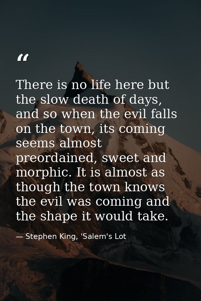 There is no life here but the slow death of days, and so when the evil falls on the town, its coming seems almost preord — Stephen King, 'Salem's Lot