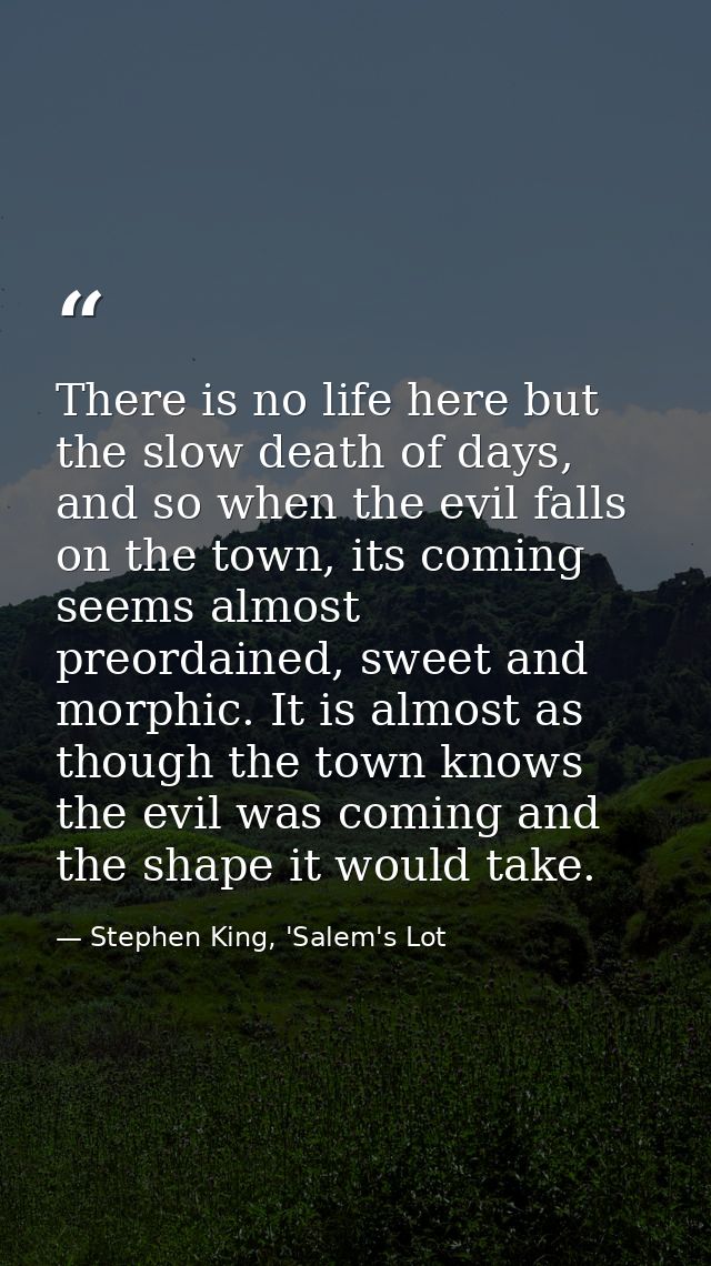There is no life here but the slow death of days, and so when the evil falls on the town, its coming seems almost preord — Stephen King, 'Salem's Lot