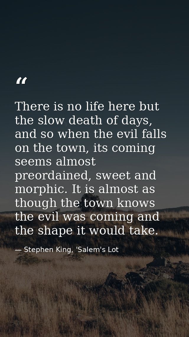 There is no life here but the slow death of days, and so when the evil falls on the town, its coming seems almost preord — Stephen King, 'Salem's Lot