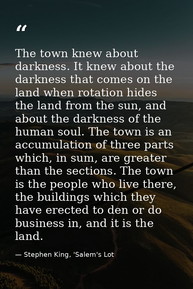 The town knew about darkness. It knew about the darkness that comes on the land when rotation hides the land from the su — Stephen King, 'Salem's Lot