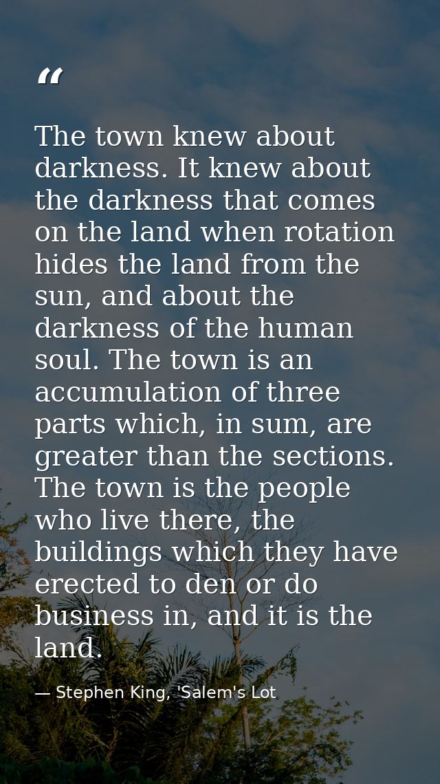 The town knew about darkness. It knew about the darkness that comes on the land when rotation hides the land from the su — Stephen King, 'Salem's Lot