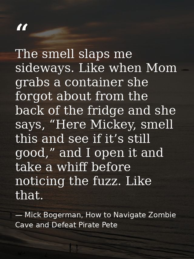 The smell slaps me sideways. Like when Mom grabs a container she forgot about from the back of the fridge and she says,  — Mick Bogerman, How to Navigate Zombie Cave and Defeat Pirate Pete