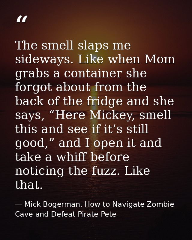 The smell slaps me sideways. Like when Mom grabs a container she forgot about from the back of the fridge and she says,  — Mick Bogerman, How to Navigate Zombie Cave and Defeat Pirate Pete