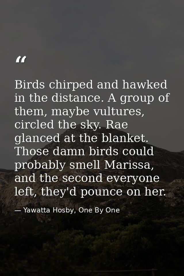 Birds chirped and hawked in the distance. A group of them, maybe vultures, circled the sky. Rae glanced at the blanket.  — Yawatta Hosby, One By One