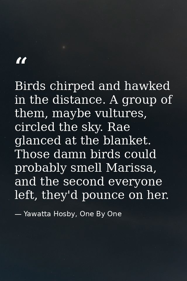 Birds chirped and hawked in the distance. A group of them, maybe vultures, circled the sky. Rae glanced at the blanket.  — Yawatta Hosby, One By One